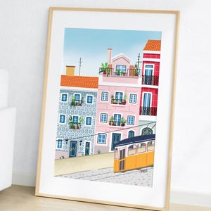 Lissabon Portugal City Art Print, Portugal illustratie, reisposter, reisaffiche zomer Europa, housewarmingcadeau, maximalistische woondecoratie