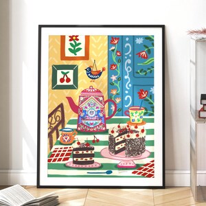 Maximalist Teapot wall art, folk art print, kitchen decor, table scene, cake food art poster,cuckoo clock illustration,tea coffee lover gift