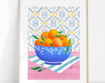 Orange Wall art for kitchen dining room decor, Mediterranean Kitchen print, Italy Mediterranean poster, digital download,still life painting