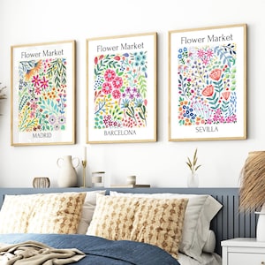 Flower Market Print Set, Trendy Floral Poster, Botanical Wall Art, Colorful Flower Gallery Series, Barcelona Seville Madrid Spain home decor