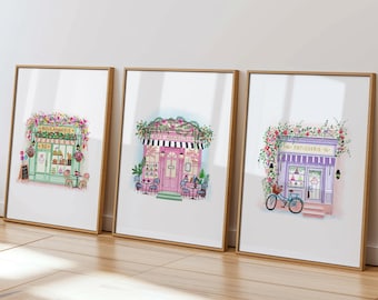 Paris shop watercolor wall art, Romantic Parisian home decor, preppy girly wall art, city scene art print, coffee shop poster, kitchen decor