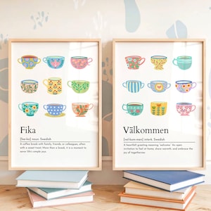 Swedish Fika poster, Scandinavian wall art, Teacups and coffee food art, Valkommen Velkommen Swedish Nordic welcome sign hygge kitchen print
