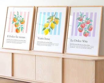 Coastal Vibe Summer Print Set, La Dolce Vita Italy Aesthetic Posters, Preppy Lemon Orange Trendy Wall Art, Kitchen decor