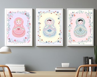 Arte mural de muñecas Matryoshka, láminas de arte popular, láminas infantiles en colores pastel, muñeca Matryoshka, lámina de muñecas rusas, arte de muñecas anidadas, digital