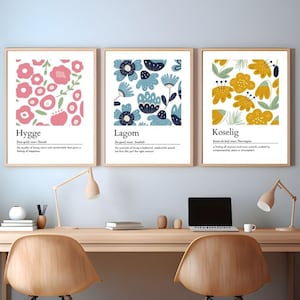 Modern Scandinavian Bold Floral Wall art set of Hygge Lagom Koselig dictionary-Nordic Kitchen Poster, Swedish decor, Danish Norwegian print