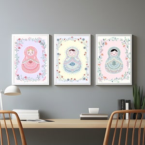 Matryoshka Doll Wall Art, folk art prints, pastel color nursery prints, Matryoshka doll, Russian dolls print,  nesting dolls art, digital