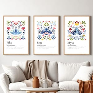 Scandinavian Definition Cicadas poster print set of 3, Fika, Sisu, Mysa, colorful, abstract, Nordic Home Décor, Swedish Word, Danish word