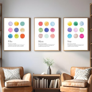Color palette poster, Scandinavian dictionary art print set, Fika coffee, Sisu, Mysa, Nordic Home Decor, Norway Swedish print minimalist art