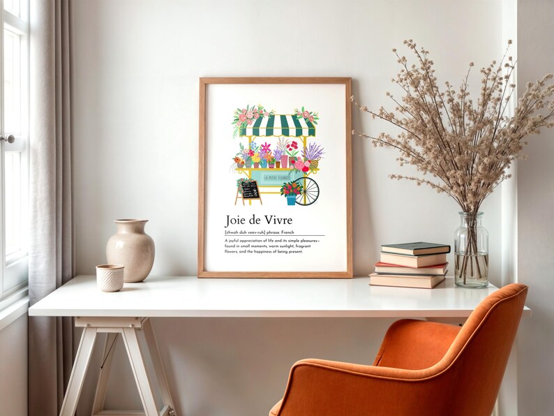 Cytat z francuskiego słowa „joie de vivre”, wydruk, kwiatowa dekoracja ścienna, elegancki wystrój domu, targ kwiatowy, plakat do kuchni, dekoracja wiosenna, pobieranie cyfrowe zdjęcie 5