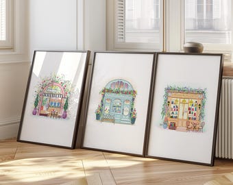 Paris Stores Print Set, Romantic Paris Watercolor Poster, Pink Girls room decor, French Parisian coffee shop wall art, cute house painting