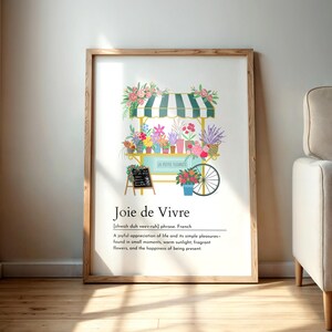 Cytat z francuskiego słowa „joie de vivre”, wydruk, kwiatowa dekoracja ścienna, elegancki wystrój domu, targ kwiatowy, plakat do kuchni, dekoracja wiosenna, pobieranie cyfrowe zdjęcie 7