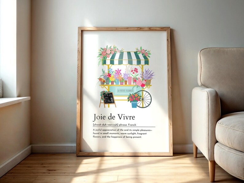 Cytat z francuskiego słowa „joie de vivre”, wydruk, kwiatowa dekoracja ścienna, elegancki wystrój domu, targ kwiatowy, plakat do kuchni, dekoracja wiosenna, pobieranie cyfrowe zdjęcie 7