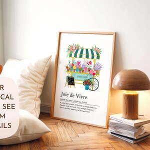 Cytat z francuskiego słowa „joie de vivre”, wydruk, kwiatowa dekoracja ścienna, elegancki wystrój domu, targ kwiatowy, plakat do kuchni, dekoracja wiosenna, pobieranie cyfrowe zdjęcie 3
