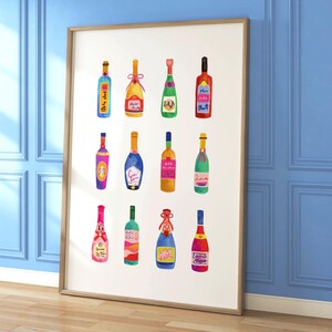 Póster de cóctel de champán con acuarela retro, arte de carrito de bar femenino, póster preppy, impresión linda de botella de vino y licor, arte de pared con champán, decoración de dormitorio