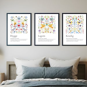 Scandinavian Definition print set of 3, Hygge art, Lagom, Koselig, folk art, Nordic Home Décor, Swedish Word, Danish word, Norwegian word image 2