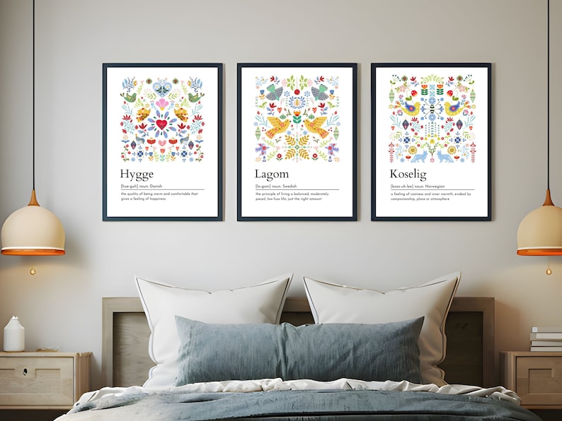 Scandinavian Definition print set of 3, Hygge art, Lagom, Koselig, folk art, Nordic Home Décor, Swedish Word, Danish word, Norwegian word image 2