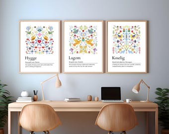 Scandinavian Definition print set 3, Hygge poster, Lagom, Koselig, Nordic Decor kitchen, Swedish Danish wall art, Norwegian, Sweden folk art