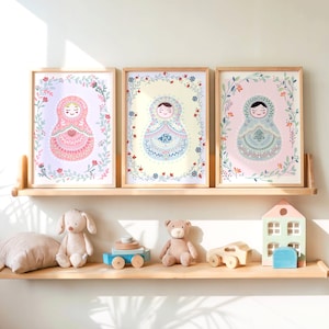 Girly Nursery decor wall art gallery, Russian nesting Doll Matryoshka illustration folk art print, pastel pink kids toddler room decor gift