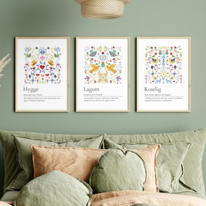 Juego de 3 impresiones con definición escandinava, arte hygge, lagom, koselig, arte popular, decoración nórdica, palabra sueca, palabra danesa, palabra noruega