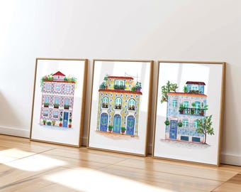 Lisbon azulejo tiles house wall art, Portugal gallery set, Lisbon Porto travel poster, summer home decor, Mediterranean kitchen island decor