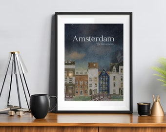 Amsterdam city art print, tiny house art, watercolor wall art, colorful home decor, European travel, world art, global wall art, unisex gift