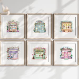 Paris storefront shopfront art print gallery set, French Cafe coffee pink wall art, Preppy Parisian Coquette Cottage core, book lover gift