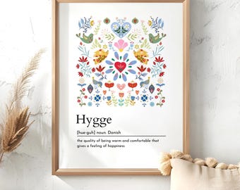 Skandinaviskt folkkonsttryck, väggdekor vårsommar, hyggeordboksdekor, lagom Koselig konstverk, svenska danska kvinnor skrivbordsdekoration