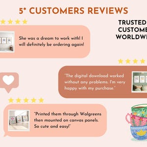 Może przedstawiać: Obraz promocyjny z recenzjami klient&oacute;w. Tekst brzmi "5* CUSTOMERS REVIEWS" i "TRUSTED BY CUSTOMERS WORLDWIDE". Recenzje są wyświetlane w dymkach z obrazami produkt&oacute;w.