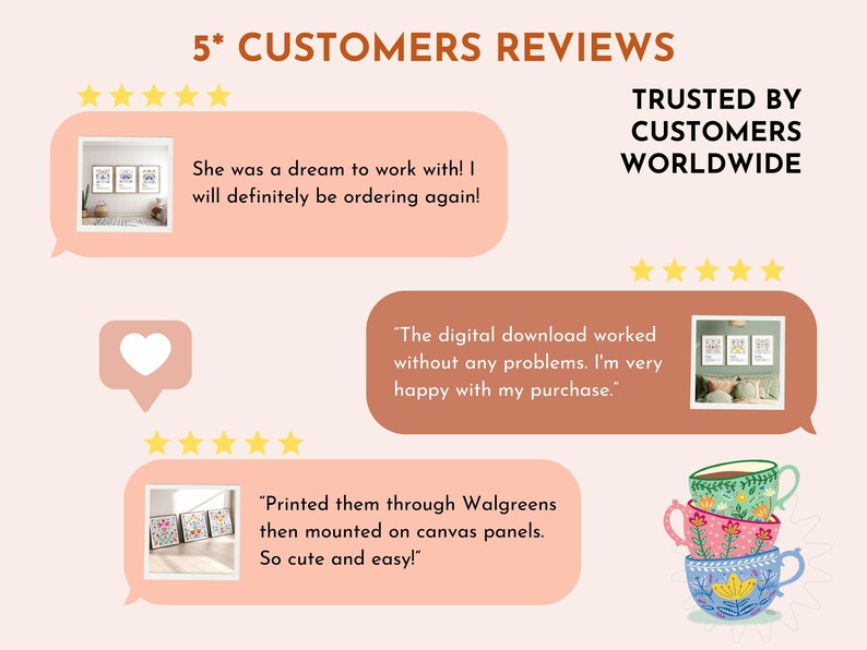 Może przedstawiać: Obraz promocyjny z recenzjami klient&oacute;w. Tekst brzmi "5* CUSTOMERS REVIEWS" i "TRUSTED BY CUSTOMERS WORLDWIDE". Recenzje są wyświetlane w dymkach z obrazami produkt&oacute;w.