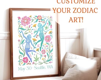 Gemini Custom Zodiac Print, June May Birthday Gift, Boho Astrology wall Art, Astrological star sign personalized horoscope Christmas gift