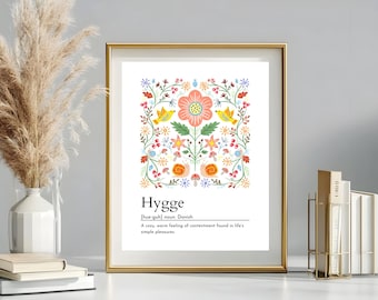 Hygge-affisch, skandinavisk folkkonsttryck, svensk-dansk orddefinition, nordisk skandinavisk stugfärgad väggtavla, mysig höst- och hösttavla