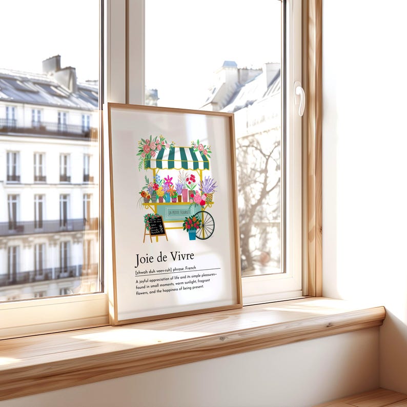 Cytat z francuskiego słowa „joie de vivre”, wydruk, kwiatowa dekoracja ścienna, elegancki wystrój domu, targ kwiatowy, plakat do kuchni, dekoracja wiosenna, pobieranie cyfrowe zdjęcie 8
