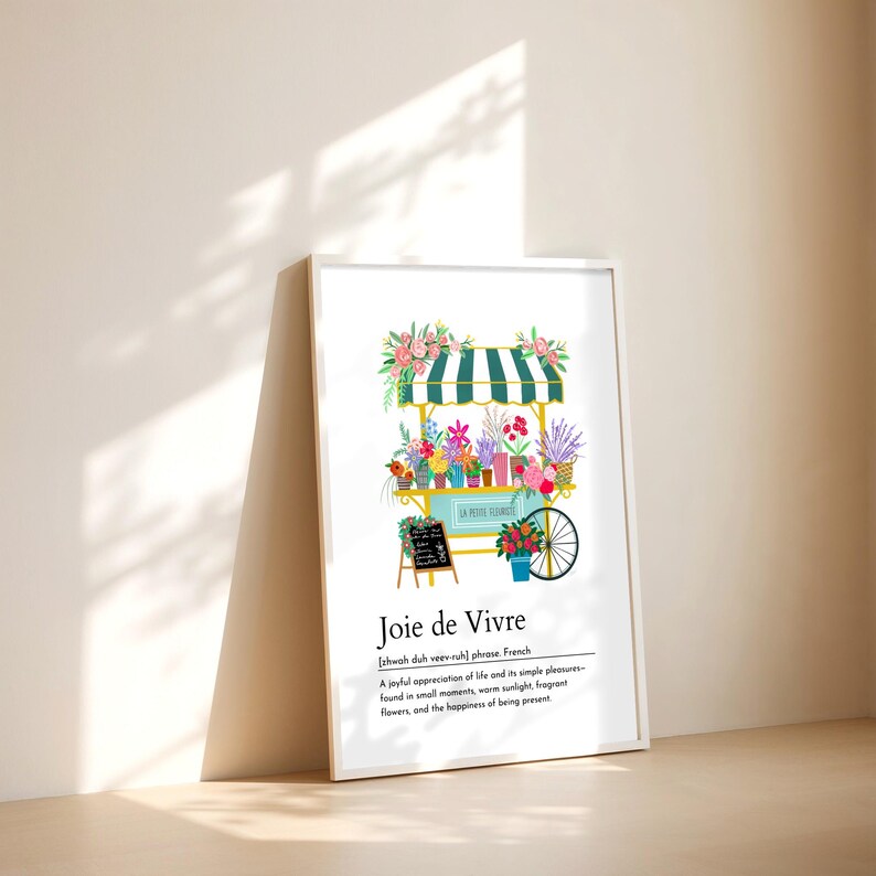 Cytat z francuskiego słowa „joie de vivre”, wydruk, kwiatowa dekoracja ścienna, elegancki wystrój domu, targ kwiatowy, plakat do kuchni, dekoracja wiosenna, pobieranie cyfrowe zdjęcie 6