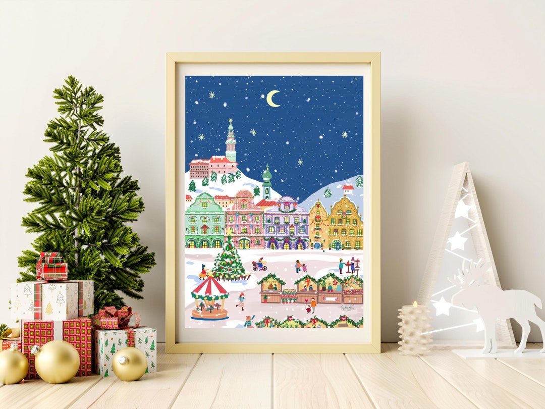 Cute Christmas Village Wall Art, Snowy Village Art Print, Winter Wall ...