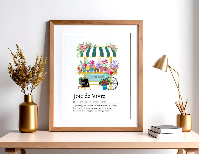 Cytat z francuskiego słowa „joie de vivre”, wydruk, kwiatowa dekoracja ścienna, elegancki wystrój domu, targ kwiatowy, plakat do kuchni, dekoracja wiosenna, pobieranie cyfrowe zdjęcie 1