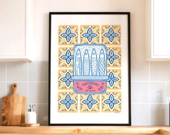 Portugal Sardine can Wall Art Print, Summer Home Decor, Retro Vintage Fish print, Breakfast nook, Colorful Kitchen Wall Art, Lisbon Travel