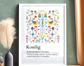 Koselig ordbok väggkonst, skandinavisk folkkonsttryck, norsk svensk dansk köksdekor, mysig hygge-affisch, kvinnors kontorsskrivbordsdekor