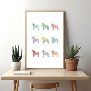 Impressão de cavalo Dala, cavalo Dalahast, arte popular escandinava, presente sueco, decoração Hygge de dopamina, dinamarquês norueguês, decoração de berçário, impressões digitais