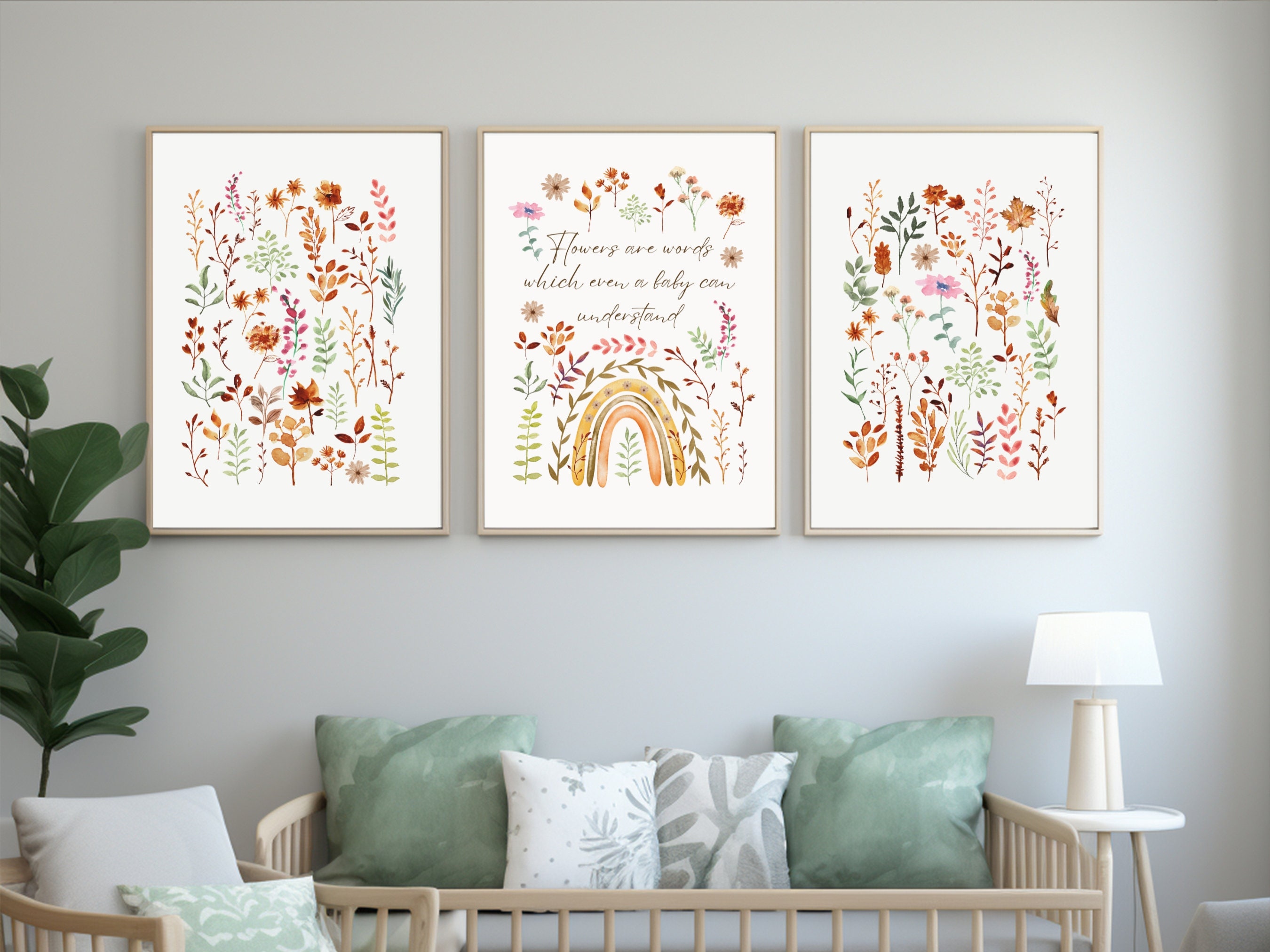 Boho Nursery Wall Art Set of 3, Baby Rainbow Art, Boho Wall Art, Watercolor Nursery Art, Light