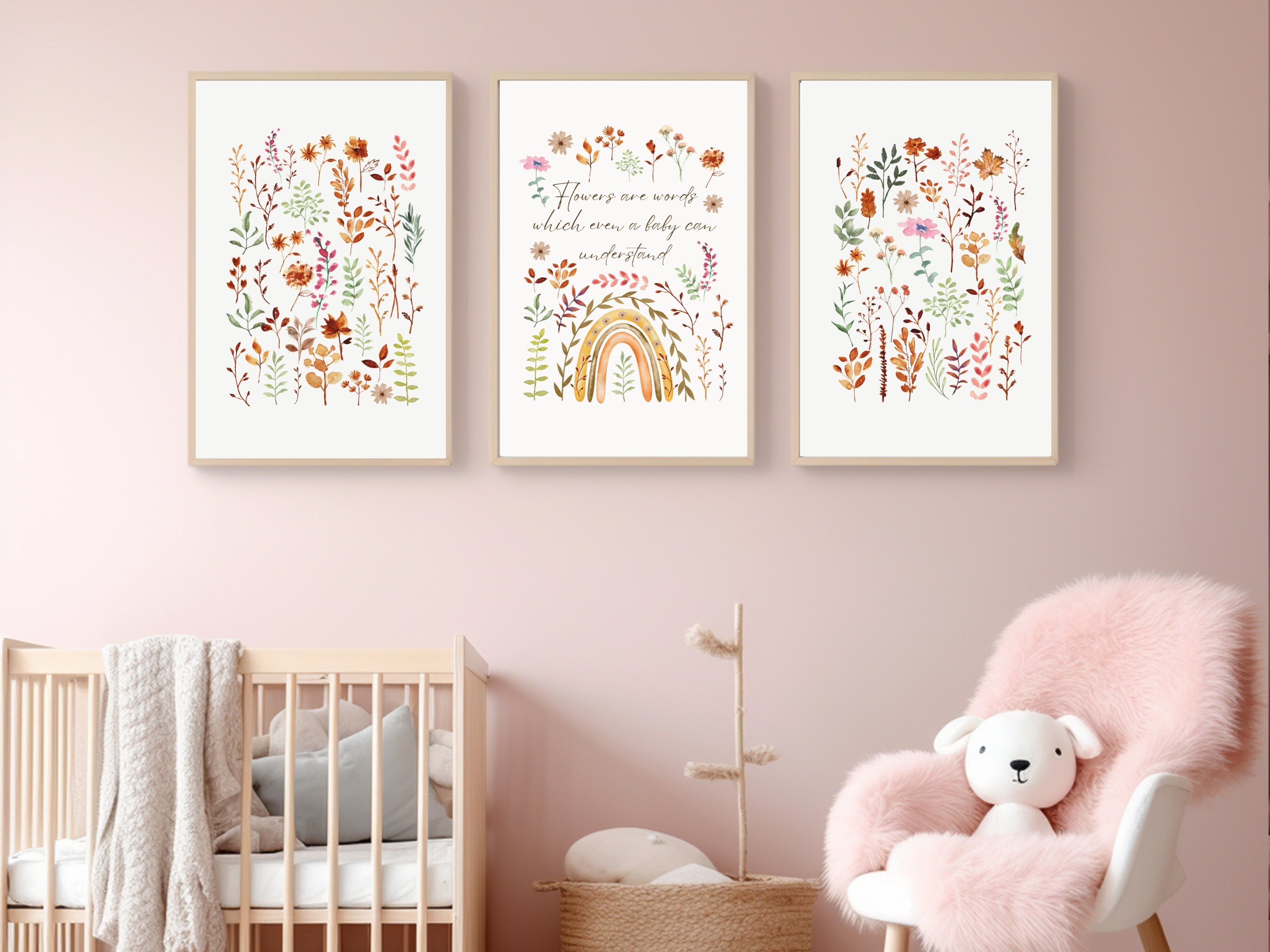 Boho Nursery Wall Art Set of 3, Baby Rainbow Art, Boho Wall Art, Watercolor Nursery Art, Light