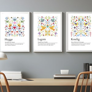 Scandinavian Definition print set of 3, Hygge art, Lagom, Koselig, folk art, Nordic Home Décor, Swedish Word, Danish word, Norwegian word image 1