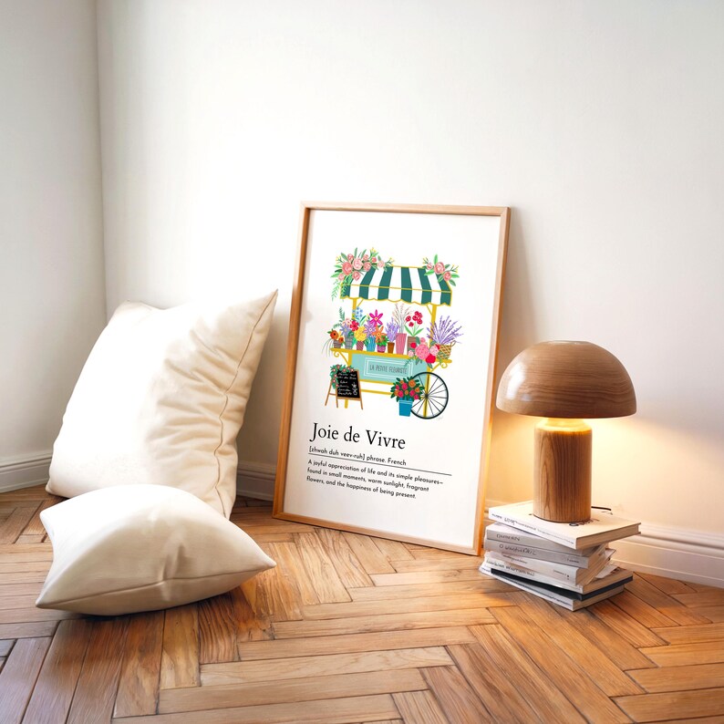 Cytat z francuskiego słowa „joie de vivre”, wydruk, kwiatowa dekoracja ścienna, elegancki wystrój domu, targ kwiatowy, plakat do kuchni, dekoracja wiosenna, pobieranie cyfrowe zdjęcie 9