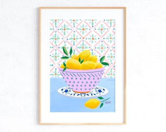 Italienische Zitrone in der Schüssel Poster, Esszimmer Küche Insel Wandkunst, Sommer Wohnkultur, mediterraner Kunstdruck, Zitrusfrüchte Sommer Malerei