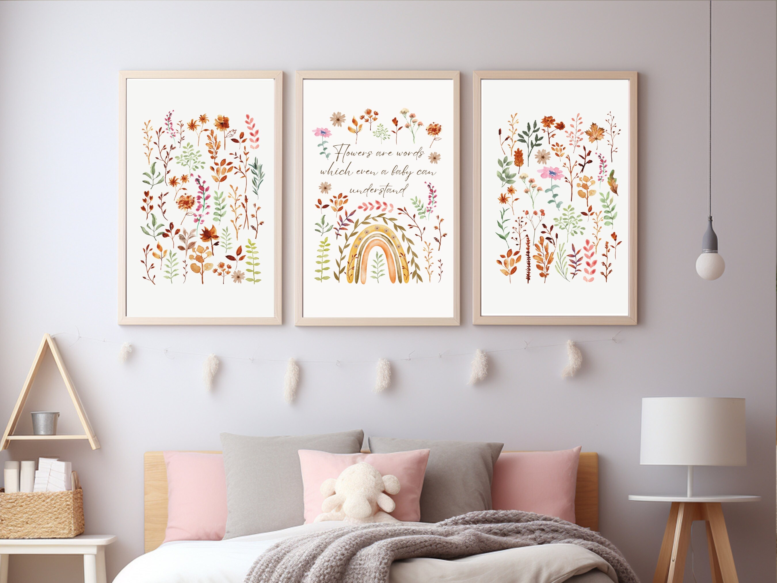 Boho Nursery Wall Art Set of 3, Baby Rainbow Art, Boho Wall Art, Watercolor Nursery Art, Light