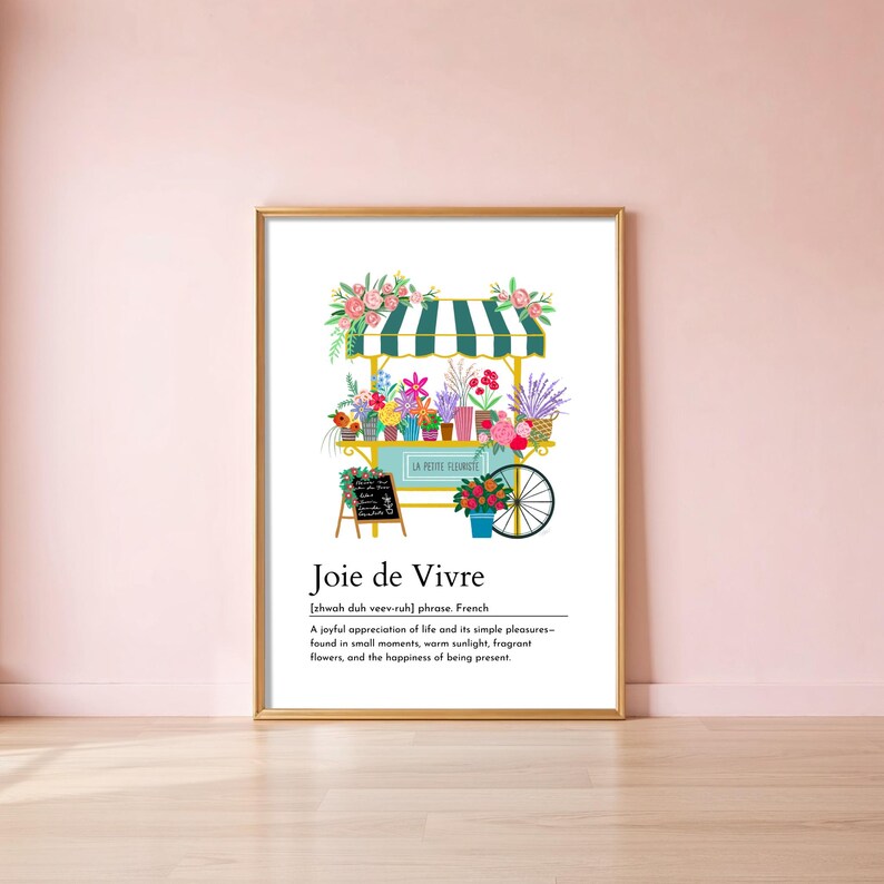 Cytat z francuskiego słowa „joie de vivre”, wydruk, kwiatowa dekoracja ścienna, elegancki wystrój domu, targ kwiatowy, plakat do kuchni, dekoracja wiosenna, pobieranie cyfrowe zdjęcie 4