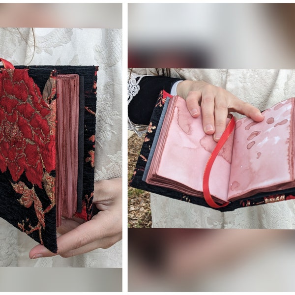 Red Cloth Bound Journal - 4.25”x5.5”- Handmade Mixed Media Book~ Hand Avocado-Dyed Paper~ Flower Brocade Fabric Grimoire~ Stationery Journal