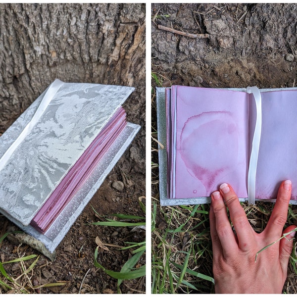 Silver Cloth Bound Journal - 4.25”x5.5”- Handmade Mixed Media Book ~ Berry-Dyed Paper ~ Flower Brocade Fabric Grimoire ~ Stationery Journal