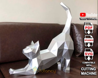 DIY Cat Stretching PaperCraft PDF, SVG Template for creating Low poly cat paper craft, Animals origami sculpture 3d svg files for cricut