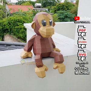 Lage poly Monkey 3D Papercraft PDF, 3D SVG-sjabloon voor het maken van Monkey Sit voor kinderkamer Decor, Diy geschenken voor kinderen, DIY Paper Craft