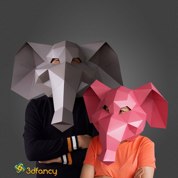 Masque d'éléphant, Masque en papier bricolage, Modèle imprimable, Papercraft, Masque low poly, Modèle de masque en papier, Masque d'animal, Téléchargement PDF